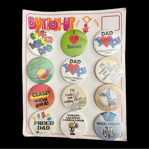 VINTAGE LOT NEW BUTTON UP JUST FOR FUN CARD 12 PINBACKS BUTTONS - DAD - Picture 1 of 2